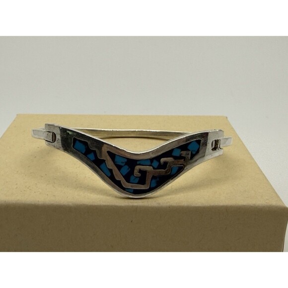 VINTAGE TAXCO MEXICO STERLING SILVER & TURQUOISE INLAY BRACELET LATCHING BANGLE - Picture 4 of 11
